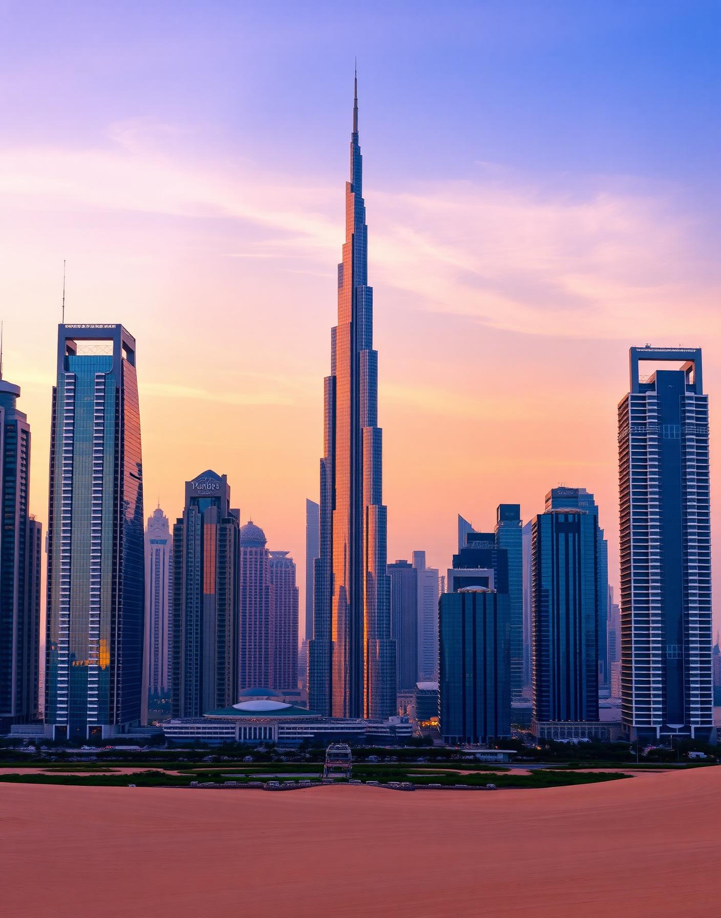 Dubai skyline at golden hour with the Burj Khalifa